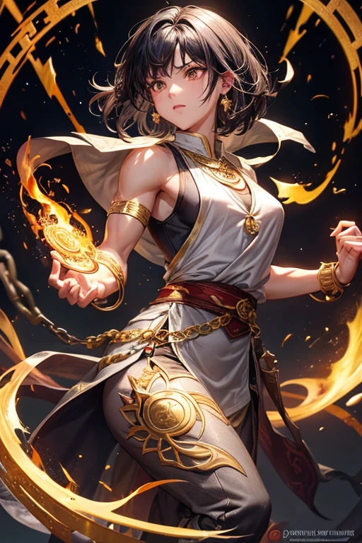 Li Shang, 20 years old, short dark golden black hair, short messy hair, dark black eyes, djinn clothing, light gray sleeveless open vest, light silver vest with golden Arabic print, light silver Arabic pants, golden belt , djinn bracelet with silver gems, brown boots, phosphorescent red tattoos, surrounded by fire and yellow smoke, delegate muscular build, hands tied with chains and feet surrounded by white chains, golden magic circles on each hand on a background of ruins Arabs.