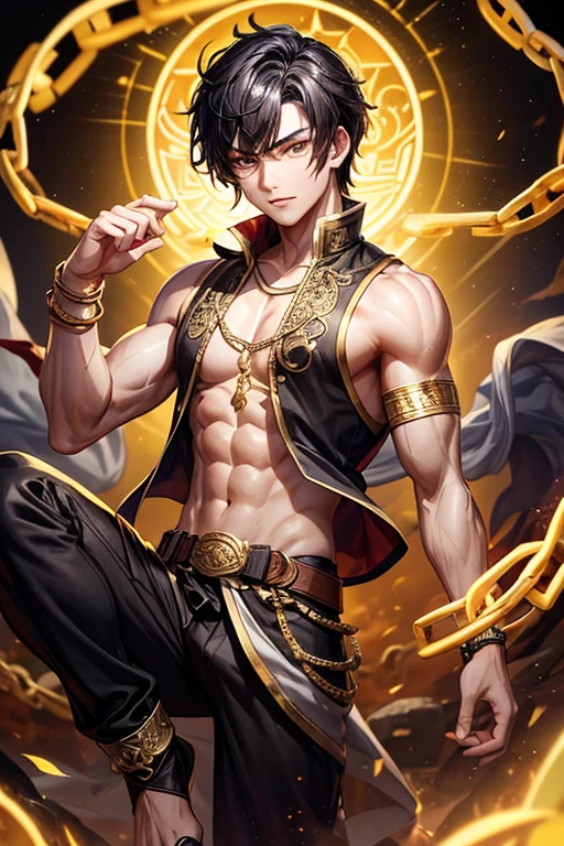 Li Shang, 20 years old, short dark golden black hair, short messy hair, dark black eyes, djinn clothing, light gray sleeveless open vest, light silver vest with golden Arabic print, light silver Arabic pants, golden belt , djinn bracelet with silver gems, brown boots, phosphorescent red tattoos, surrounded by fire and yellow smoke, delegate muscular build, hands tied with chains and feet surrounded by white chains, golden magic circles on each hand on a background of ruins Arabs.