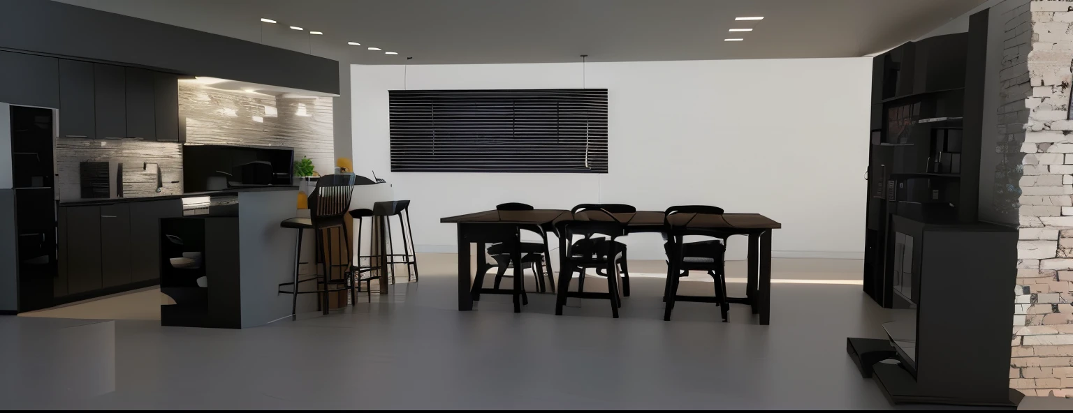 a representation of a kitchen with a table and chairs and a television, 2D rendering, 3D rendering, 3D rendering, pre-rendered, landscape rendering, detailed 3d render, detailed 3d render, furniture concept photo!!, renderizado em enscape, detailed rendering, with 3D rendering, with 3D rendering, 3D rendering view, 3D renderizado