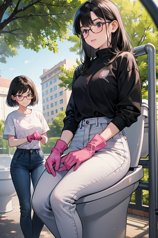 Two elementary school girls with glasses and black hair in jeans and sweatshirts cleaning a toilet in a park wearing large pink rubber gloves