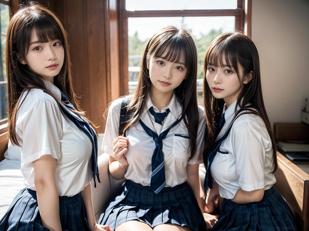 (RAW photo, 4k, masterpiece, high resolution, extremely complex) (realistic: 1.4), cinematic lighting
((2 girls, 2 schoolgirls)),Slam Dunk's,blushing,((innocent)),(Dark makeup),bright eyes,round eyes,blunt bangs,(straight hair:1.3),black hair,large breasts,wide hips,Summer Noon, 20 year old girl、cute type、ta,Hot, (Best Quality), (Highres), (an Extremely Delicate and Beautiful),(Beautiful 8k face),(Brown eyes),short bob hair,( spectators),(gigantic breasts),(Play with each other,Touching each other's bodies,Touching the body),(Japanese high school uniform:1.3),blue skirt,(reality),bright lighting,(The background is a luxury hotel room)