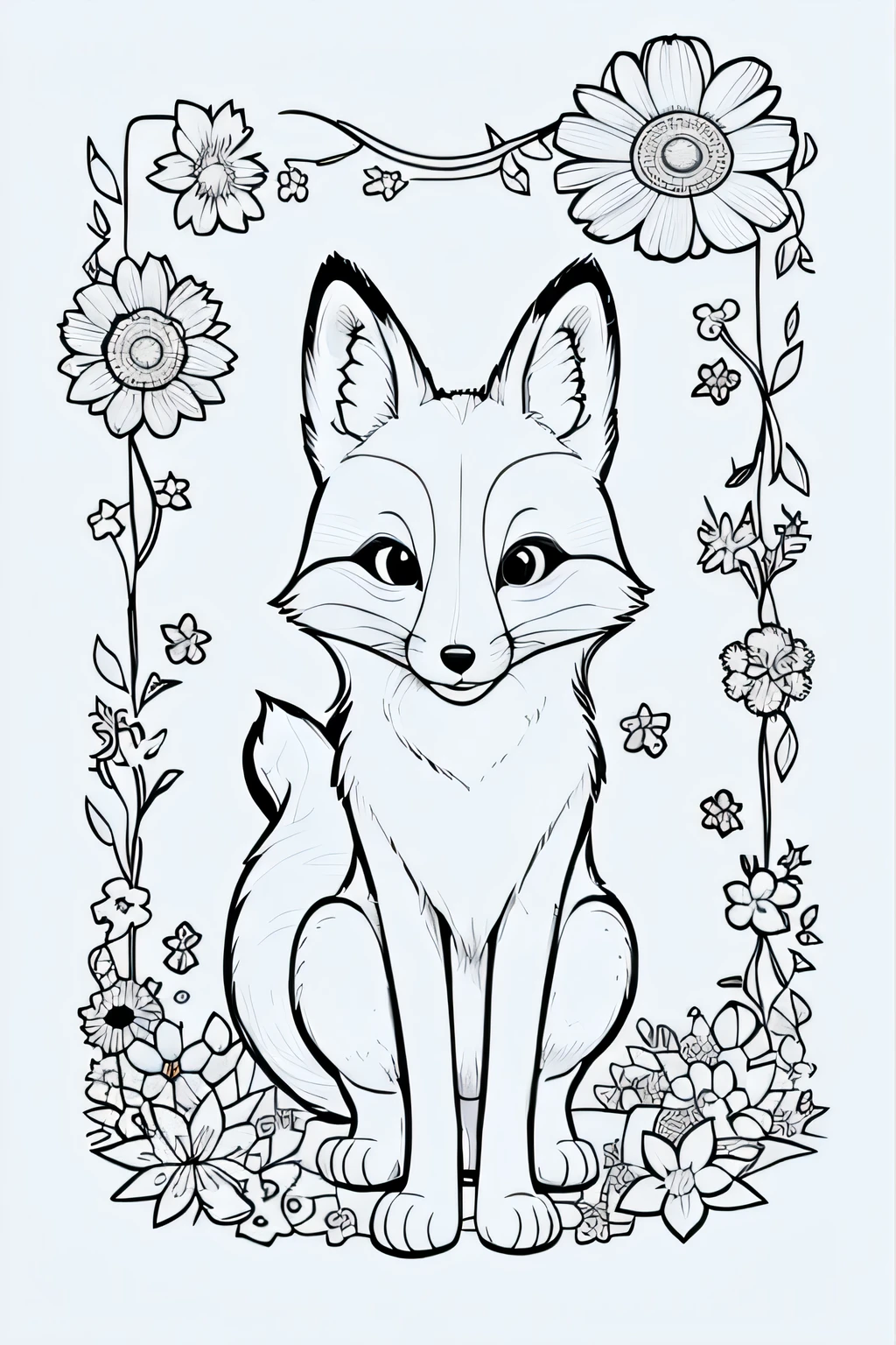Cute and adorable Fox and her Kit, coloring page for kids, happy, playful, surrounded by flowers, vector art, minimalistic, vector 2d, black lines white background, coloring page for beginners, vector illustration, pencil strokes, no color, drawing for coloring, white background, pixar style, black and white