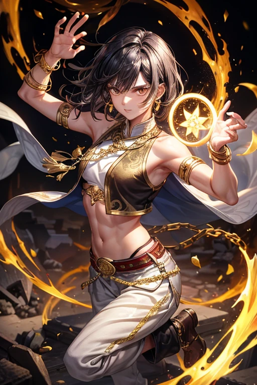 Li Shang, 20 years old, short dark golden black hair, short messy hair, dark black eyes, djinn clothing, light gray sleeveless open vest, light silver vest with golden Arabic print, light silver Arabic pants, golden belt , djinn bracelet with silver gems, brown boots, phosphorescent red tattoos, surrounded by fire and yellow smoke, delegate muscular build, hands tied with chains and feet surrounded by white chains, golden magic circles on each hand on a background of ruins Arabs.