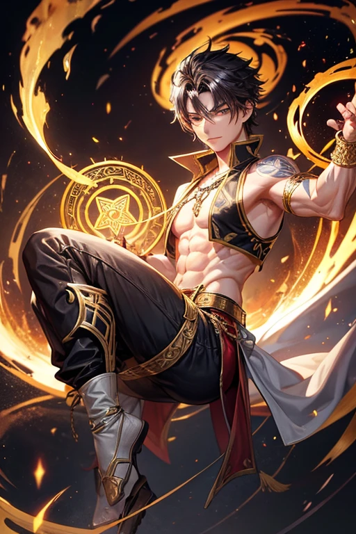 Li Shang, 20 years old, short dark golden black hair, short messy hair, dark black eyes, djinn clothing, light gray sleeveless open vest, light silver vest with golden Arabic print, light silver Arabic pants, golden belt , djinn bracelet with silver gems, brown boots, phosphorescent red tattoos, surrounded by fire and yellow smoke, delegate muscular build, hands tied with chains and feet surrounded by white chains, golden magic circles on each hand on a background of ruins Arabs.