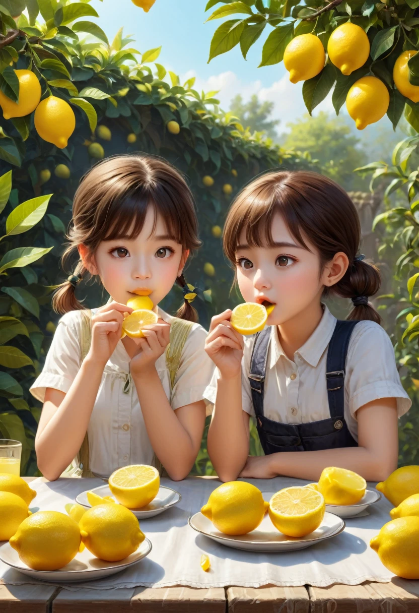 girl and boy Eating Lemon competition, Lemon yard background, (masterpiece, best quality, Professional, perfect composition, very aesthetic, absurdres, ultra-detailed, intricate details:1.3)
