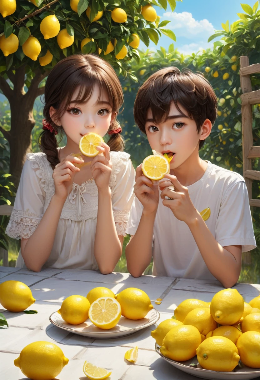girl and boy Eating Lemon competition, Lemon yard background, (masterpiece, best quality, Professional, perfect composition, very aesthetic, absurdres, ultra-detailed, intricate details:1.3)
