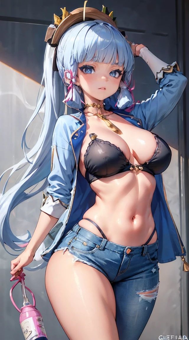 kamisato ayaka|impacto genshin, big tits, big tits, obra de arte, melhor qualidade, 1 s,25 anos de idade, bermuda jeans, Seios grandes, ,Apenas, corte superior, bermuda jeans, Gargantilha, (grafite:1.5), Purple lightning pattern splash., olhando pelas costas, thigh strap, Tilt your head, entediado, water eyes,