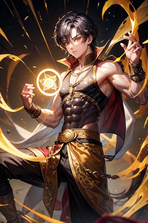 Li Shang, 20 years old, short dark golden black hair, short messy hair, dark black eyes, djinn clothing, light gray sleeveless open vest, light silver vest with golden Arabic print, light silver Arabic pants, golden belt , djinn bracelet with silver gems, brown boots, phosphorescent red tattoos, surrounded by fire and yellow smoke, delegate muscular build, hands tied with chains and feet surrounded by white chains, golden magic circles on each hand on a background of ruins Arabs.