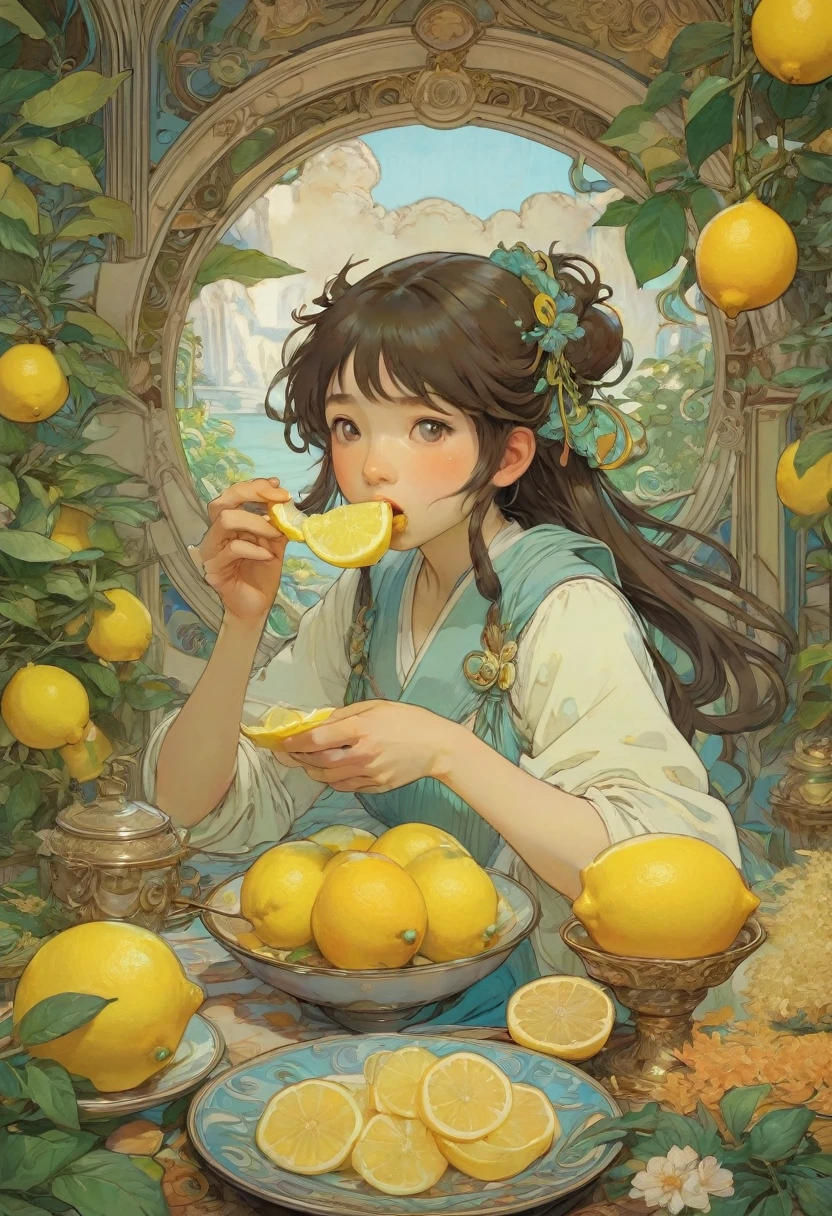 people Eating Lemon, Challenge, by Studio Ghibli and Alphonse Mucha, best quality, masterpiece, very aesthetic, perfect composition, intricate details, ultra-detailed