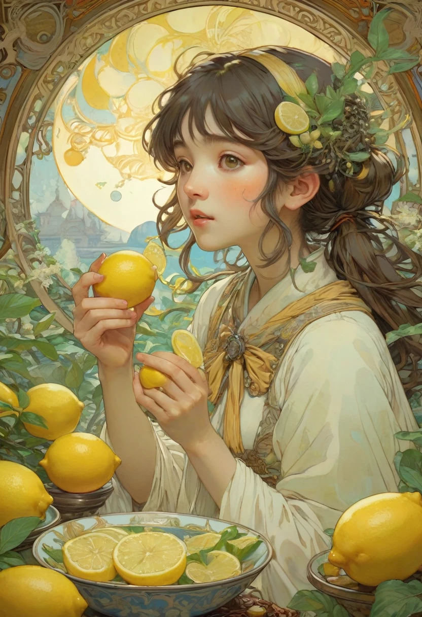 people Eating Lemon, Challenge, by Studio Ghibli and Alphonse Mucha, best quality, masterpiece, very aesthetic, perfect composition, intricate details, ultra-detailed