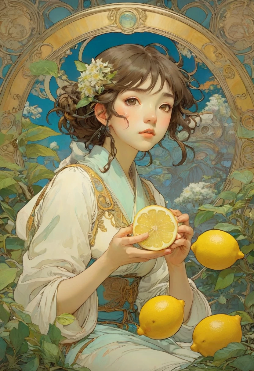 people Eating Lemon, Challenge, by Studio Ghibli and Alphonse Mucha, best quality, masterpiece, very aesthetic, perfect composition, intricate details, ultra-detailed