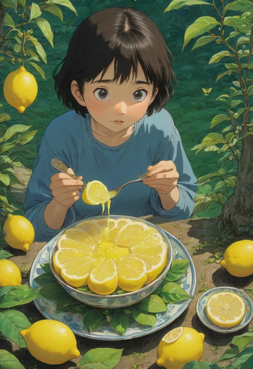 people Eating Lemon, Challenge, by Studio Ghibli, best quality, masterpiece, very aesthetic, perfect composition, intricate details, ultra-detailed