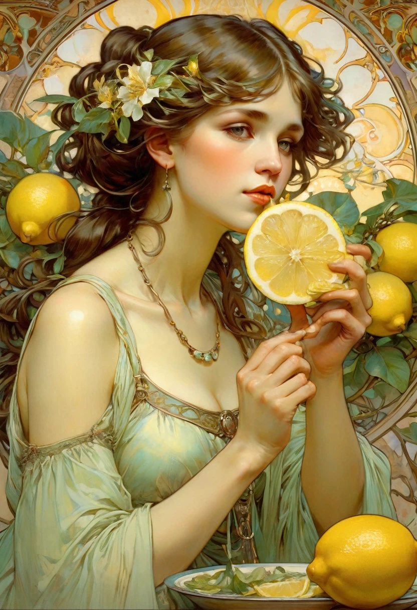people Eating Lemon, Challenge, by Alphonse Mucha, best quality, masterpiece, very aesthetic, perfect composition, intricate details, ultra-detailed