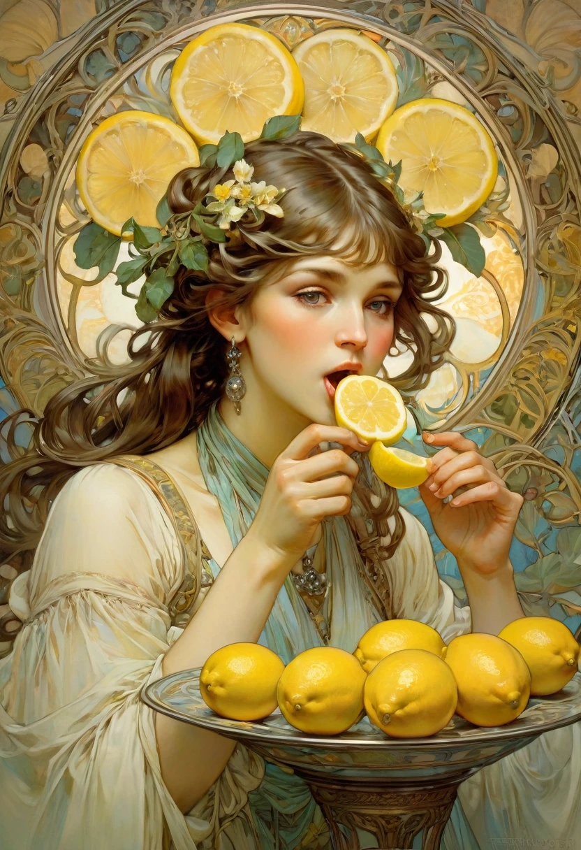 people Eating Lemon, Challenge, by Alphonse Mucha, best quality, masterpiece, very aesthetic, perfect composition, intricate details, ultra-detailed