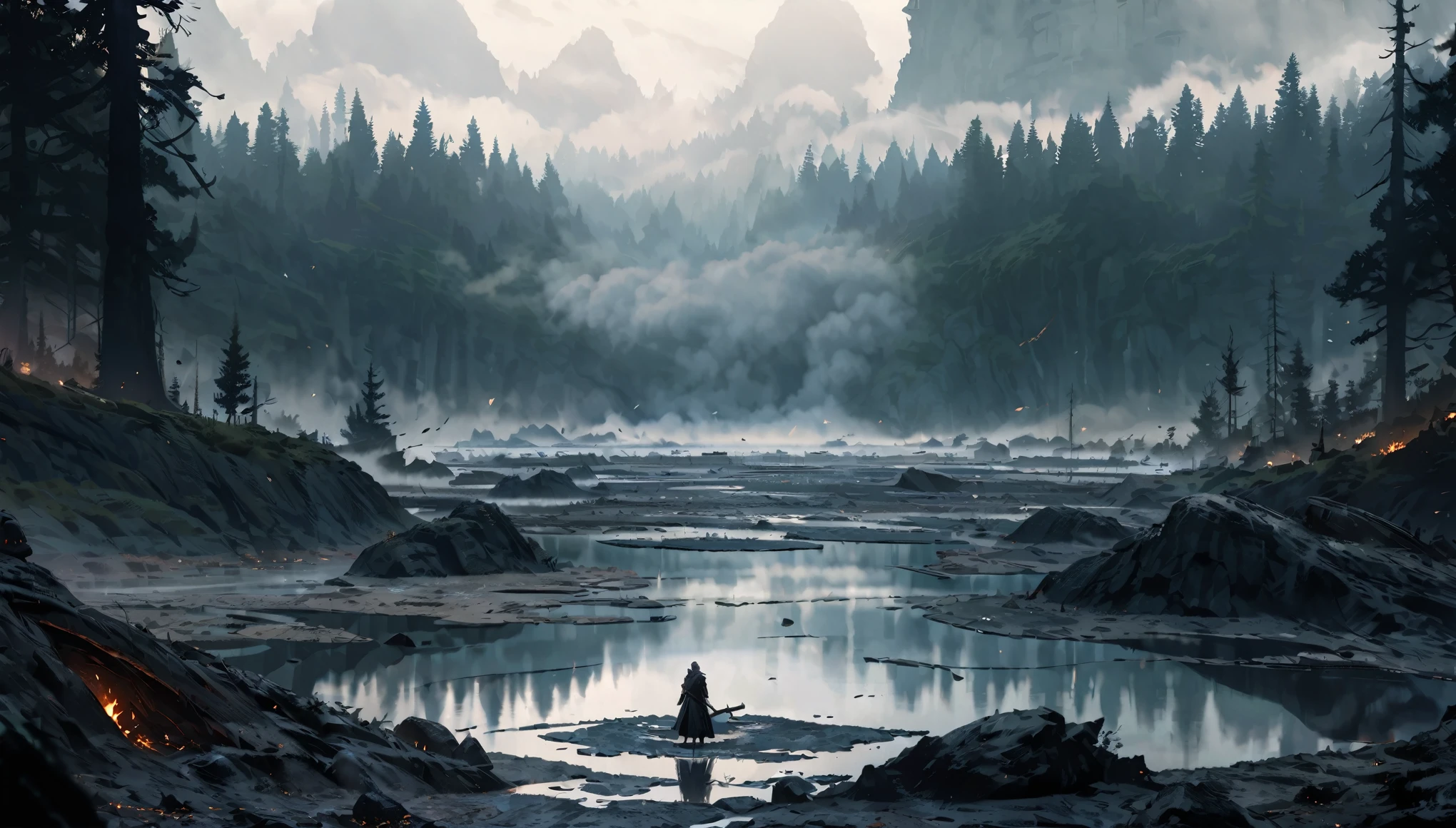 huge underground lake, fogy, huge reflective water surface, tall and huge dark trees in the far, a lot of trees, ashes, ground covered in ashes, skies covered with fog, dim light, dark souls 1, dark fantasy, sad atmosphere, ashes in the air, smoldering lake, wide shot, HD, 4K, highres, best quality, award winning, super detail, masterpiece