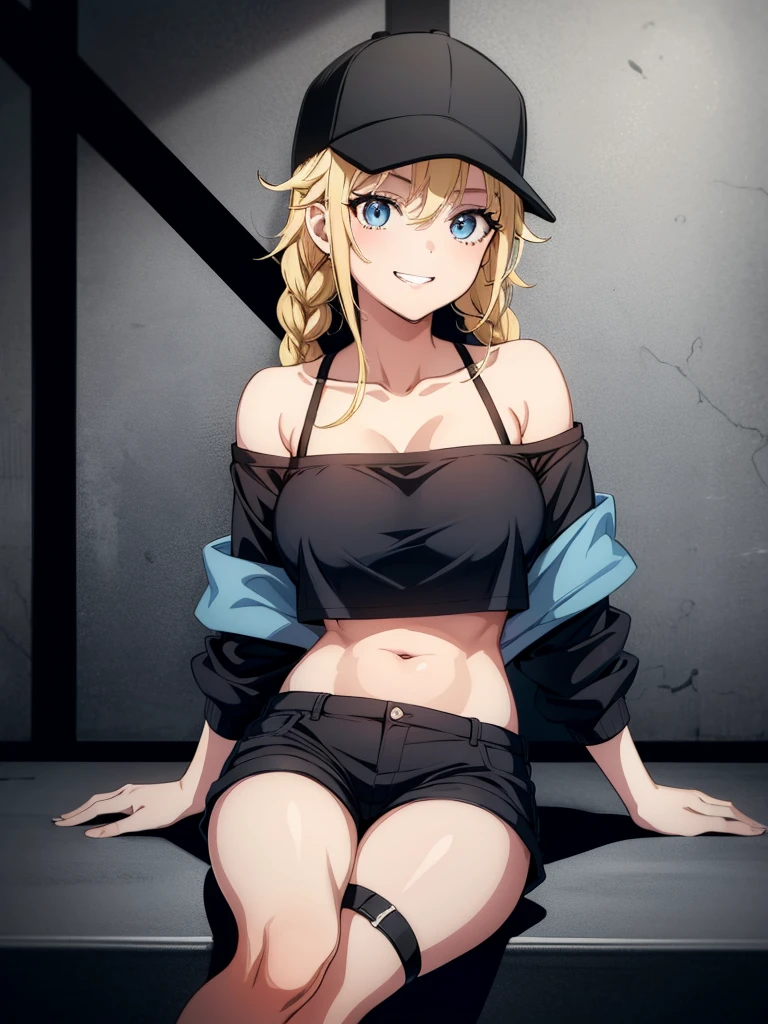 (((grayscale)))(masterpiece:1.2, best quality), (graffiti wall:1.15), super fine illustration,vibrant colors, masterpiece, sharp focus, best quality, depth of field, cinematic lighting,ultra detaile,a nsfw image of a cartoon sexy girl posing in an industrial setting, 1girl, breasts, navel, smile, solo, shorts, jacket, large breasts, sitting, off shoulder, thighs, hat, baseball cap, short hair, bare shoulders, looking at viewer, grin, midriff, crop top, collarbone, thigh strap, short shorts, black shorts, blonde hair,Eiko Tsukimi, blue eyes, braid, twin braid,(((blonde hair))),baseball cap,