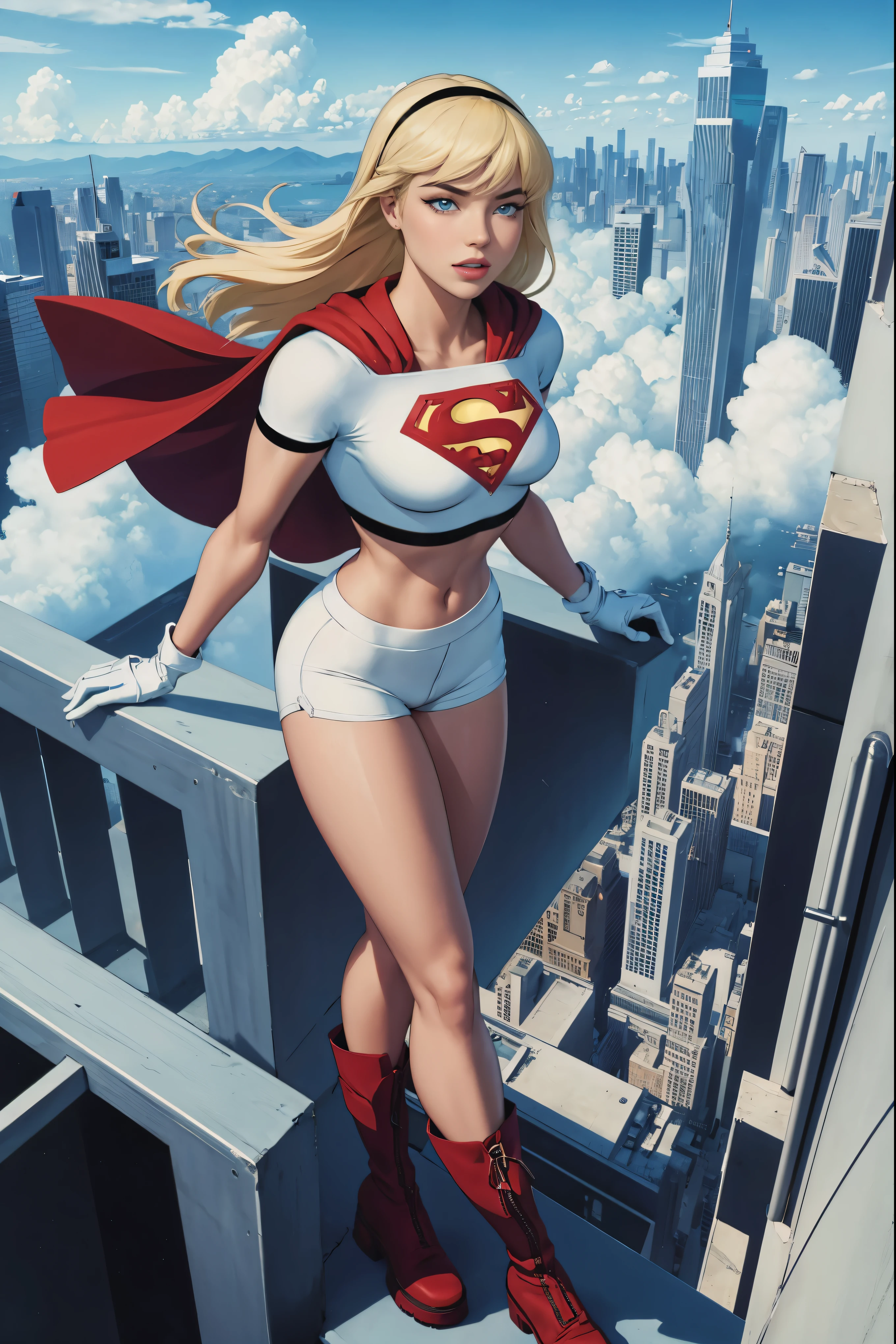 (tiro de vaqueiro), SFW, (Obra de arte), (melhor qualidade: 1.0), (ultra high resolution: 1.0), olhos detalhados, BREAK Supergirl, 1 garota, cabelo loiro longo, hair elastic, \(Branco\) corte superior, shorts de golfinho, luvas, botas BREAK (nuvens, cidade, splendid view) sensual, splendid, voando no ar, sensual, grande 
