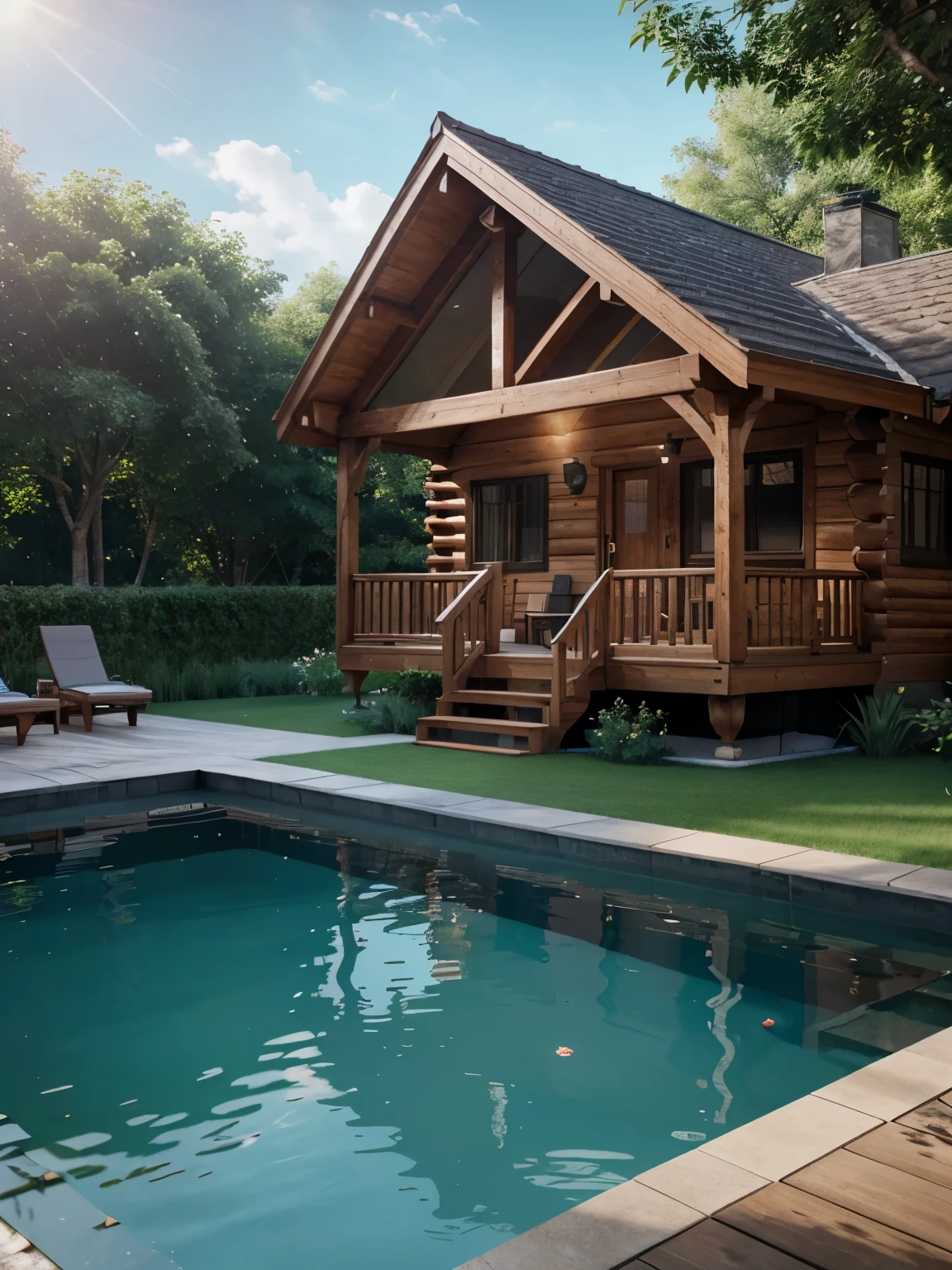 A beautiful wooden cabin with a pool, surrounded by trees and greenery. The cabin has a balcony and a terrace with outdoor seating. The pool is surrounded by sun loungers. The sky is blue with white clouds. The mood is peaceful and relaxing.
[realistic digital art, 3d rendering, high quality, 4k, octane render, volumetric lighting, ray tracing, depth of field, bloom, subsurface scattering, ambient occlusion, indirect lighting, soft shadows, denoising, high resolution, 8k]