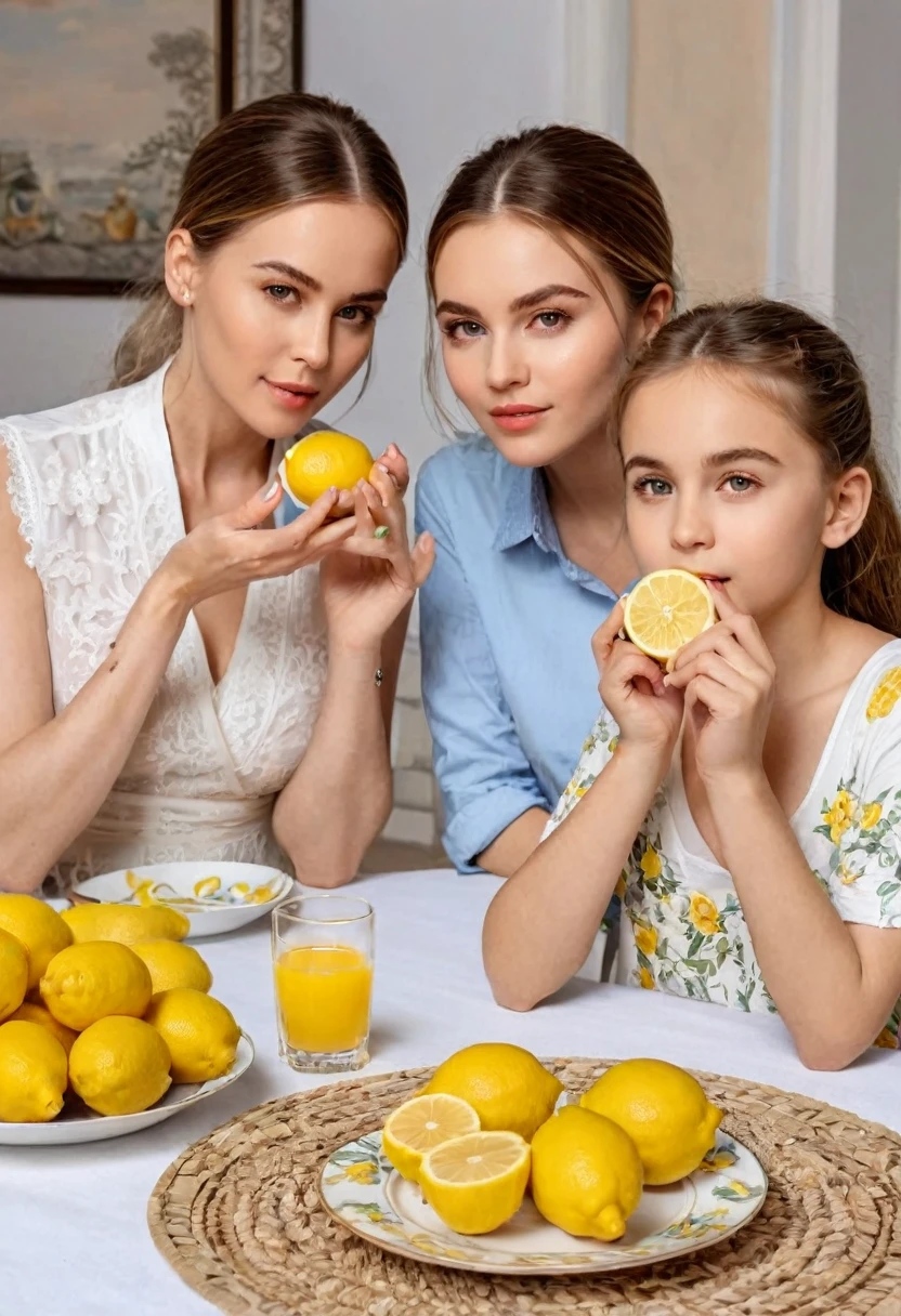girl and parents Eating Lemon competition, breakfast by The Table, (masterpiece, best quality, Professional, perfect composition, very aesthetic, absurdres, ultra-detailed, intricate details:1.3)