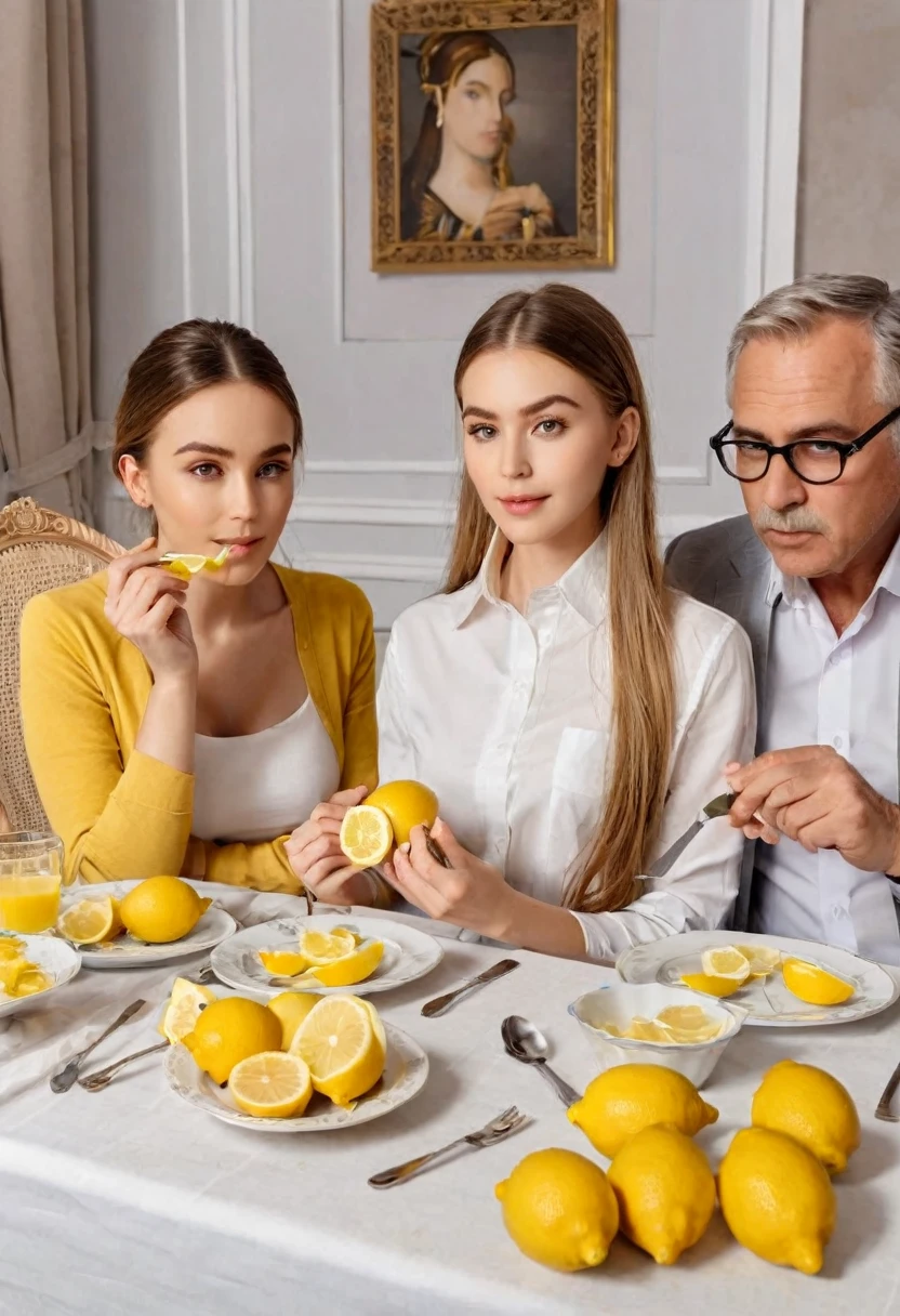 girl and parents Eating Lemon competition, breakfast by The Table, (masterpiece, best quality, Professional, perfect composition, very aesthetic, absurdres, ultra-detailed, intricate details:1.3)