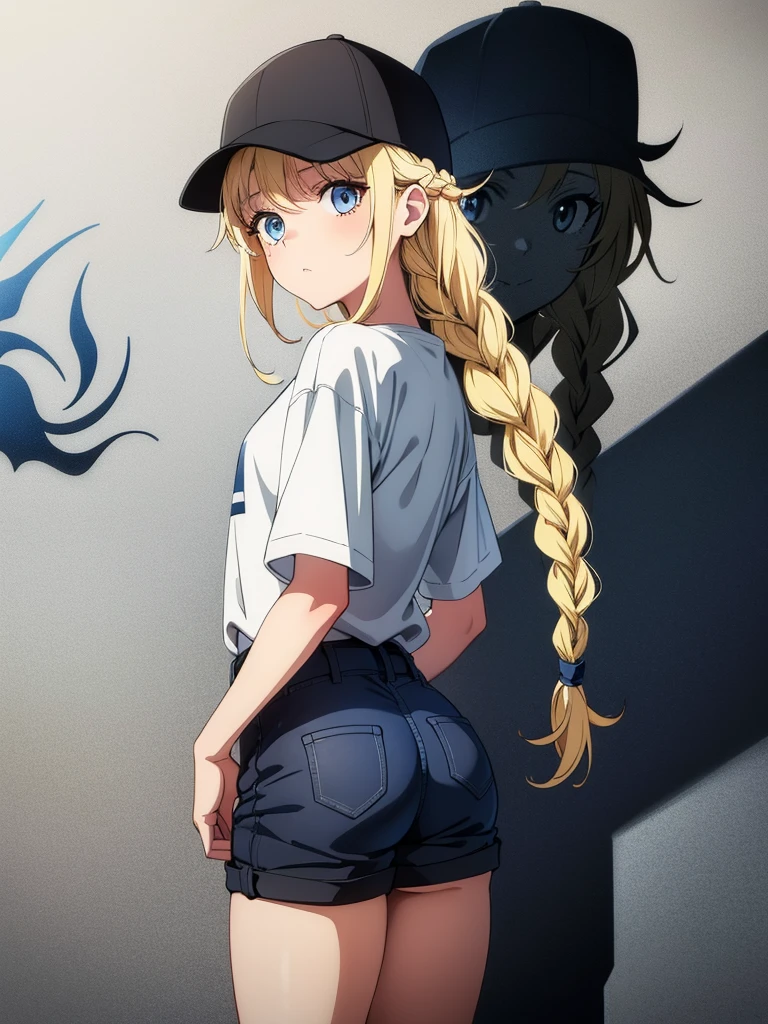 (((grayscale)))(masterpiece:1.2, best quality), (graffiti wall:1.15), super fine illustration,vibrant colors, masterpiece, sharp focus, best quality, depth of field, cinematic lighting,ultra detaile,a woman in shorts standing in front of a window in baseball cap, 1girl, solo, blue eyes, hat, braid, shorts, twin braids, blonde hair, long hair, ass, looking at viewer, thighs, white background, pocket, simple background, shirt,Eiko Tsukimi, blue eyes, braid, twin braid,(((blonde hair))),baseball cap,
