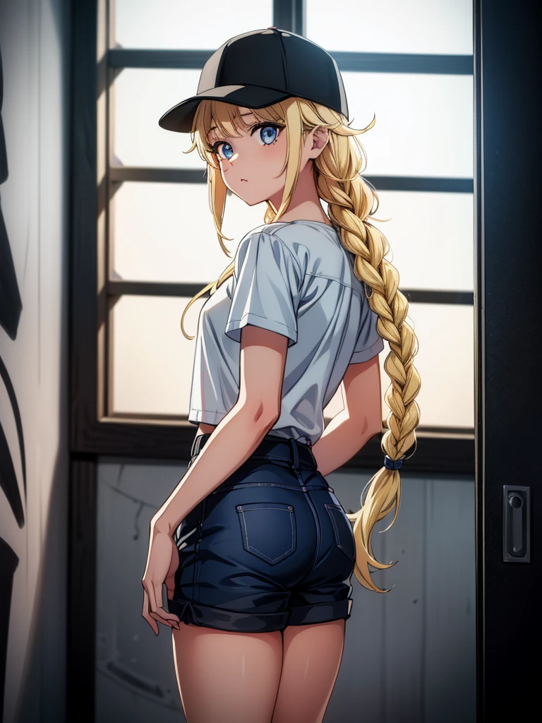 (((grayscale)))(masterpiece:1.2, best quality), (graffiti wall:1.15), super fine illustration,vibrant colors, masterpiece, sharp focus, best quality, depth of field, cinematic lighting,ultra detaile,a woman in shorts standing in front of a window in baseball cap, 1girl, solo, blue eyes, hat, braid, shorts, twin braids, blonde hair, long hair, ass, looking at viewer, thighs, white background, pocket, simple background, shirt,Eiko Tsukimi, blue eyes, braid, twin braid,(((blonde hair))),baseball cap,