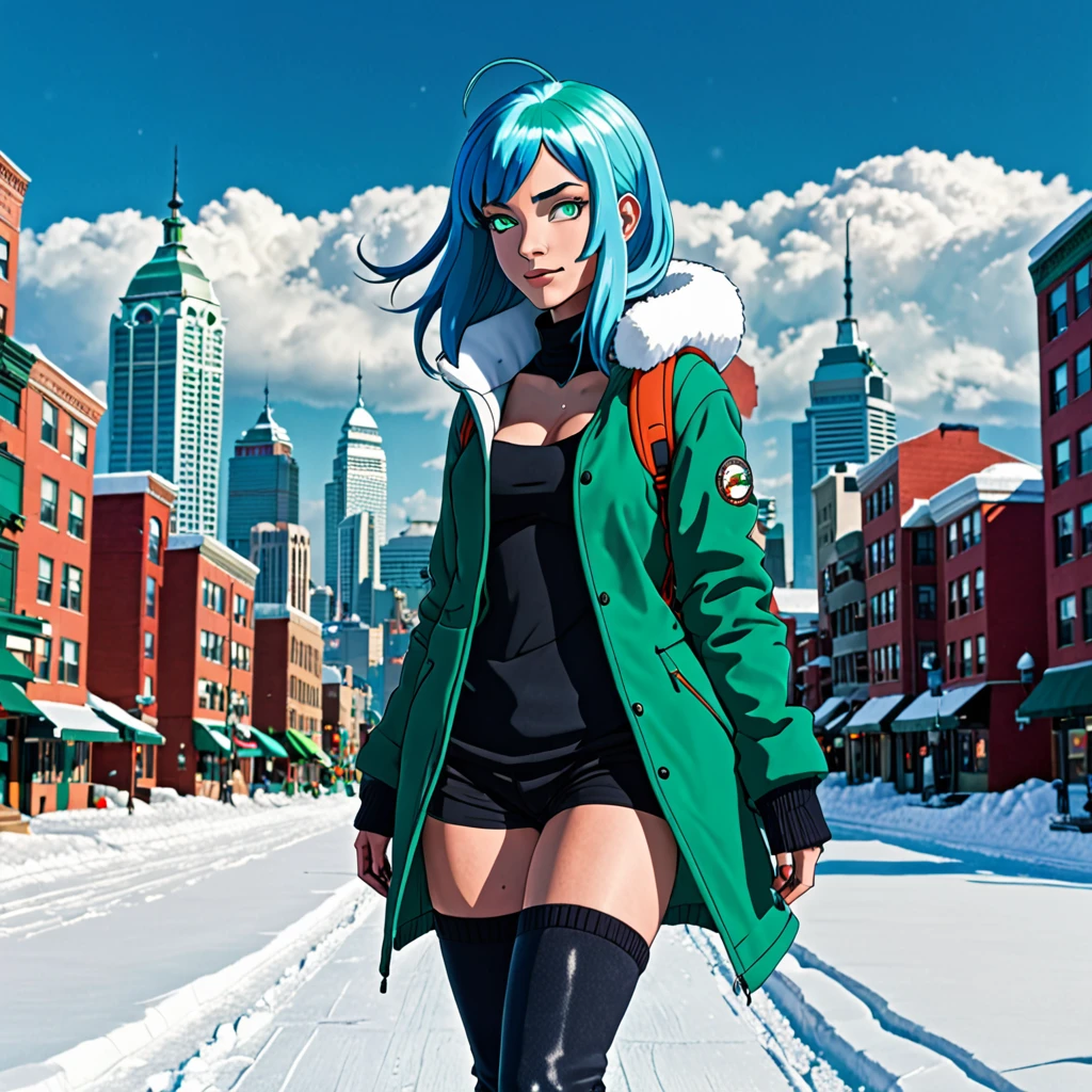 best quality,ultra high res,1girl,solo,full body,snow,city,, blue hair,green eyes,jk, futurama