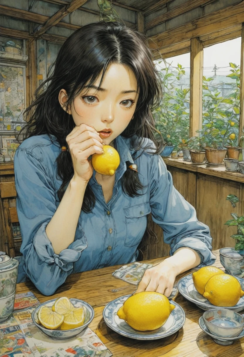 people Eating Lemon, Challenge, by Naoki Urasawa, best quality, masterpiece, very aesthetic, perfect composition, intricate details, ultra-detailed