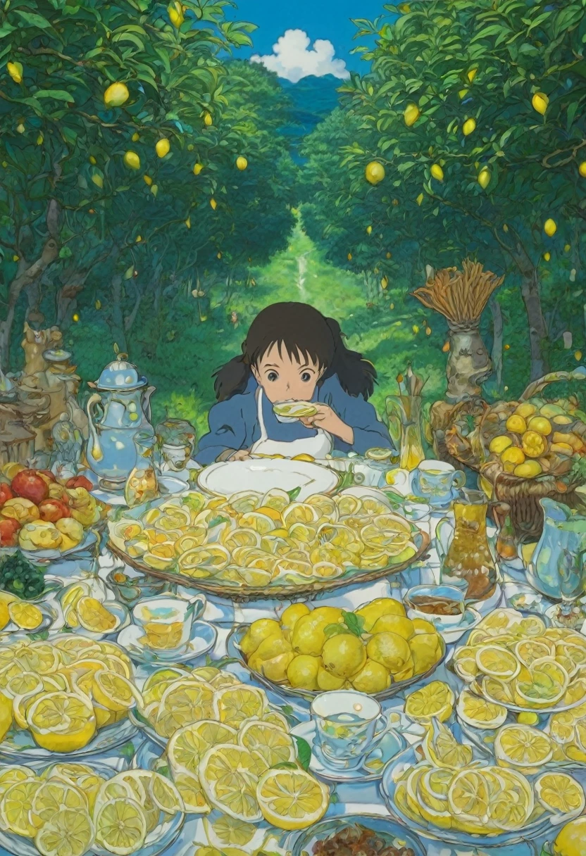 people Eating Lemon, Challenge, by Studio Ghibli, best quality, masterpiece, very aesthetic, perfect composition, intricate details, ultra-detailed