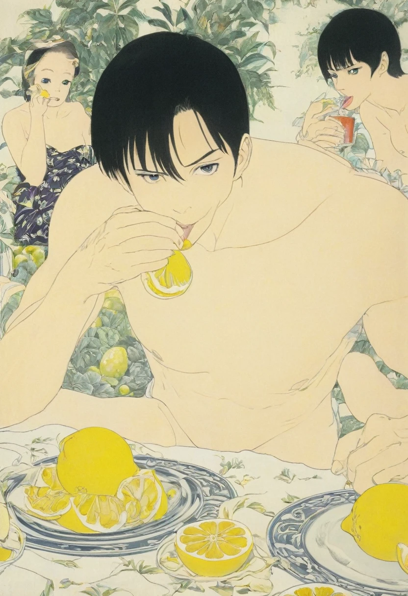 people Eating Lemon, Challenge, by Osamu Tezuka, best quality, masterpiece, very aesthetic, perfect composition, intricate details, ultra-detailed