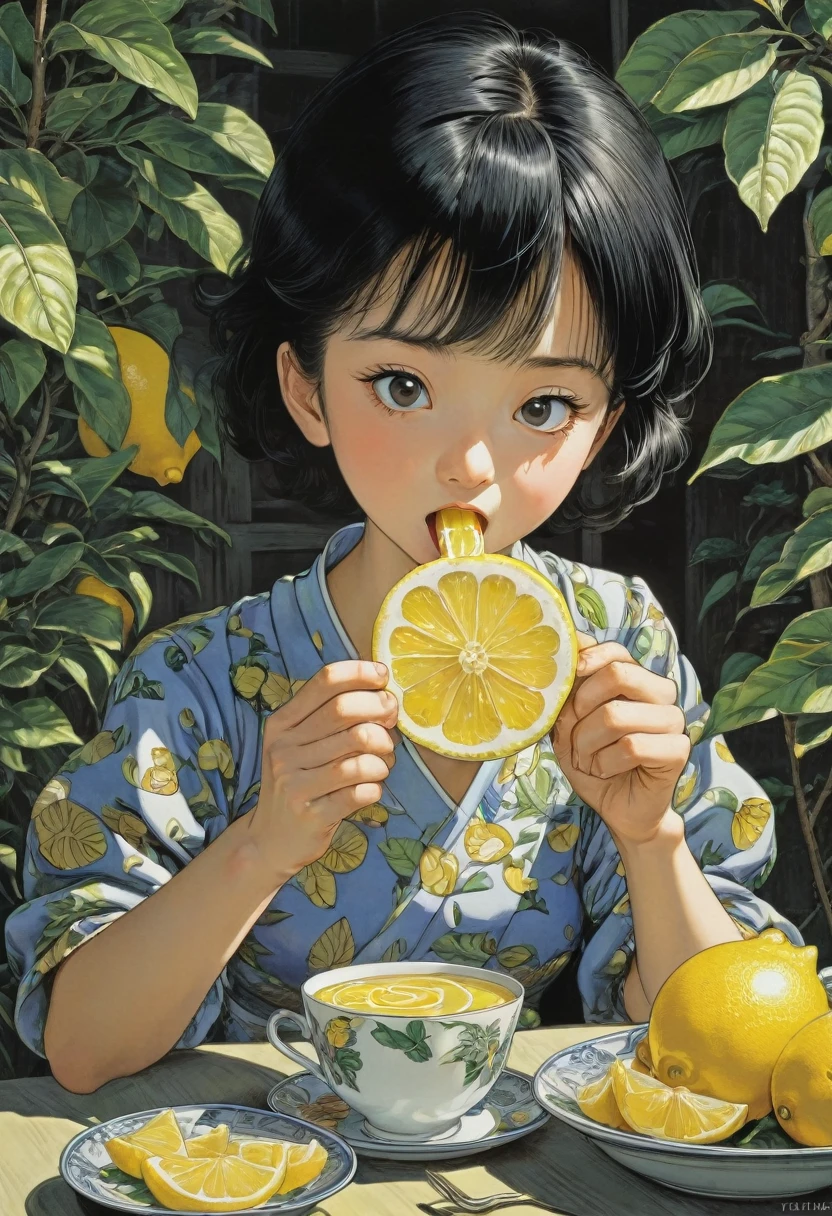 people Eating Lemon, Challenge, by Osamu Tezuka, best quality, masterpiece, very aesthetic, perfect composition, intricate details, ultra-detailed