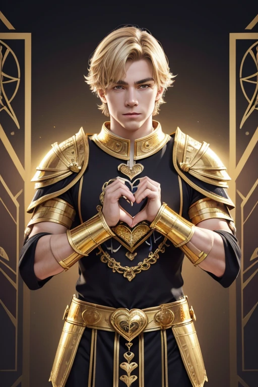 score_9,score_8_up,score_7_up, (making symbol of heart with hands together), highres, looking_at_viewer, Ross Lynch, tarot card, roman soldier in gold armor, gold chest plate, gold helmet, gold galea, gold background, front-facing, (heart hands, own hands together:1)