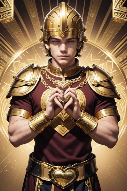 score_9,score_8_up,score_7_up, (making symbol of heart with hands together), highres, looking_at_viewer, Ross Lynch, tarot card, roman soldier in gold armor, gold chest plate, gold helmet, gold galea, gold background, front-facing, (heart hands, own hands together:1)