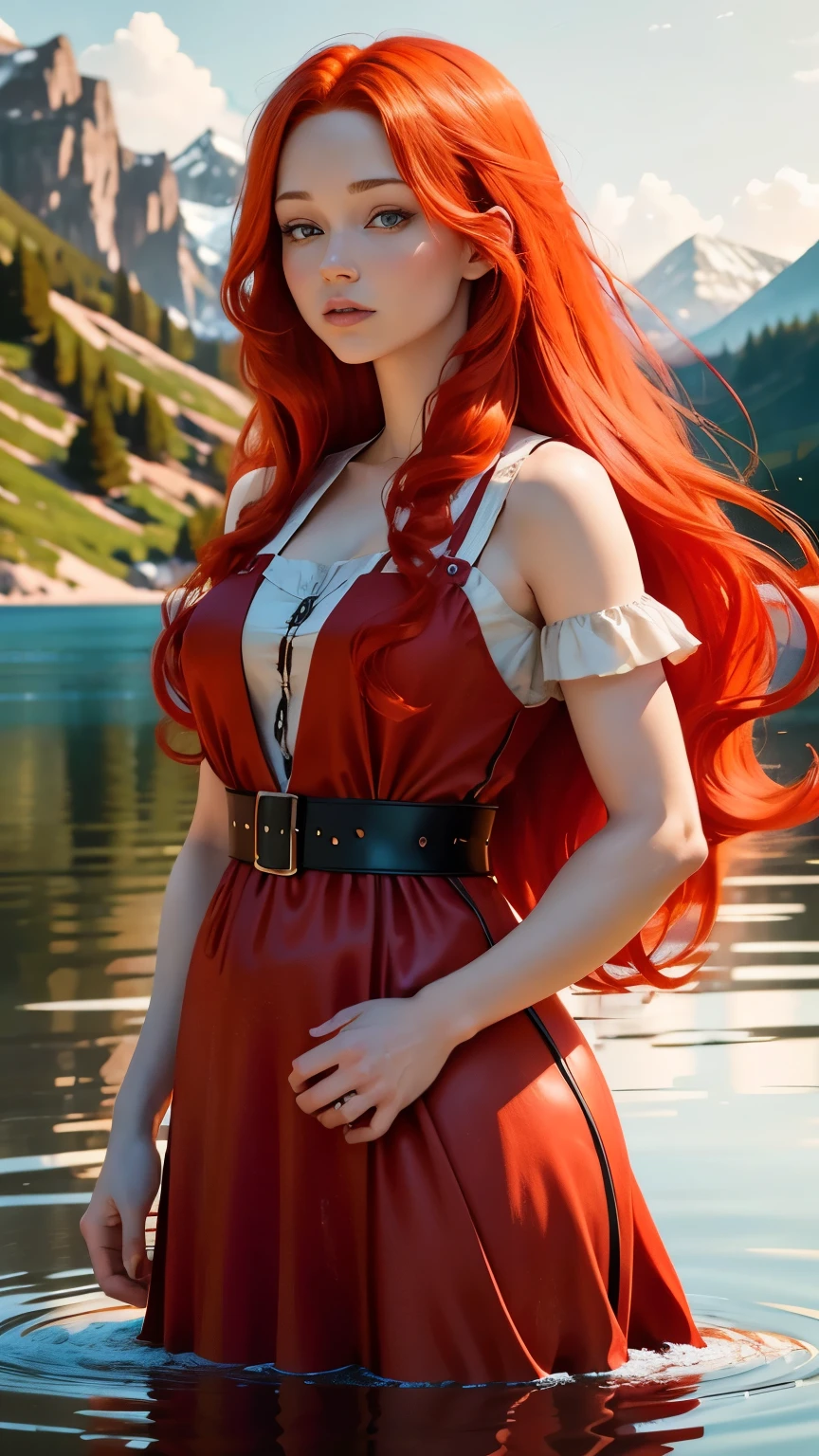 redhead haired woman with long red hair standing in front of a lake, red haired goddess, beautiful redhead woman, redhead woman, woman with red hair, flowing red hair, red hair girl, red haired girl, long flowing red hair, red haired young woman, flowing ginger hair, redhead girl, a redheaded young woman, ethereal beauty, red hair and attractive features