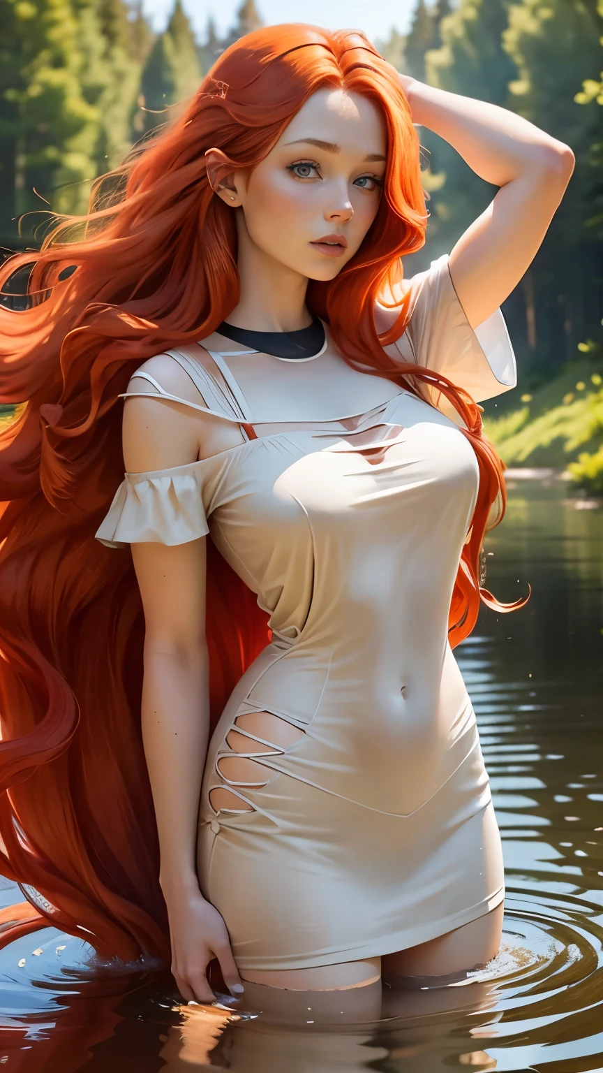 redhead haired woman with long red hair standing in front of a lake, red haired goddess, beautiful redhead woman, redhead woman, woman with red hair, flowing red hair, red hair girl, red haired girl, long flowing red hair, red haired young woman, flowing ginger hair, redhead girl, a redheaded young woman, ethereal beauty, red hair and attractive features