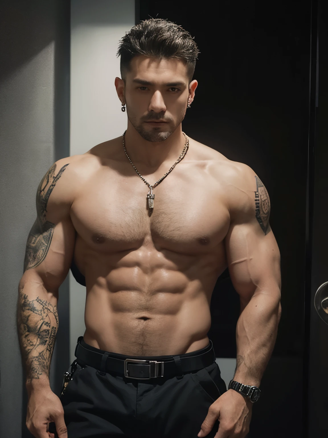 Police, police officer wearing uniform, police uniform, cops, security guard, daddy, handsome male, handsome daddy, handsome old man, muscular, muscular arms, muscular ?????, open ?????, tattooed, tattooed arms, veiny, necklace, earrings, seductive, 8k, super detail, masterpiece, textured skin, super detail, best quality, 8k, realistic, superrealistic