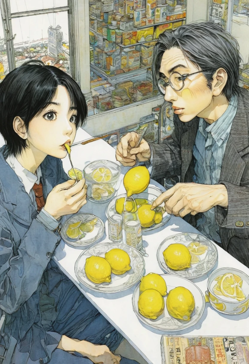 people Eating Lemon, Challenge, by Naoki Urasawa, best quality, masterpiece, very aesthetic, perfect composition, intricate details, ultra-detailed
