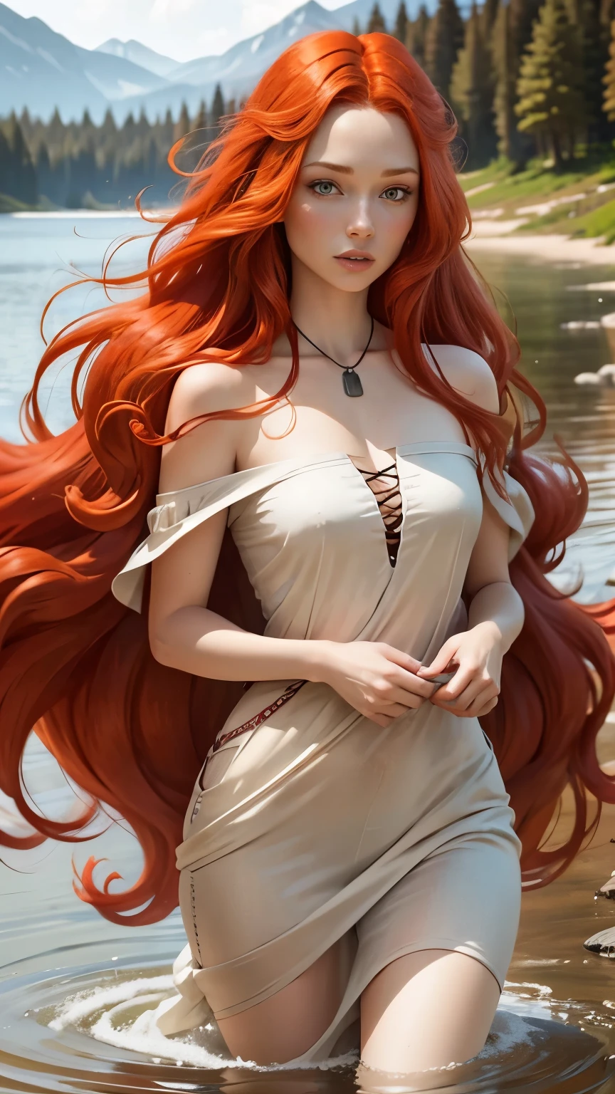 redhead haired woman with long red hair standing in front of a lake, red haired goddess, beautiful redhead woman, redhead woman, woman with red hair, flowing red hair, red hair girl, red haired girl, long flowing red hair, red haired young woman, flowing ginger hair, redhead girl, a redheaded young woman, ethereal beauty, red hair and attractive features
