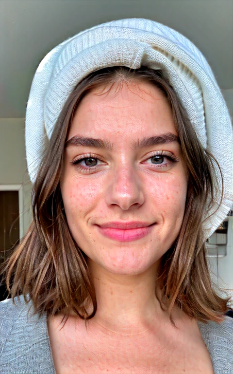 photorealistic, Sharpness, Photo brute, amateur photo, belle 18 ans. A French girl, Prendre un selfie, Pas de culotte, Oversized Sweater, gros seins bonnet 95F, detailed skin pores & Texture du visage, pores, (chair de poule:0.7), pose dynamique, regarder le spectateur, mise au point du visage, Taken with a mobile camera, Grains de films