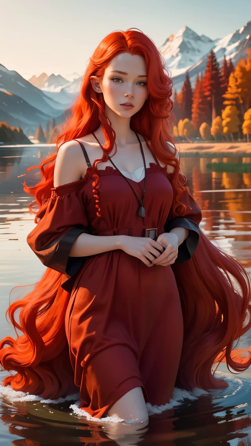 redhead haired woman with long red hair standing in front of a lake, red haired goddess, beautiful redhead woman, redhead woman, woman with red hair, flowing red hair, red hair girl, red haired girl, long flowing red hair, red haired young woman, flowing ginger hair, redhead girl, a redheaded young woman, ethereal beauty, red hair and attractive features