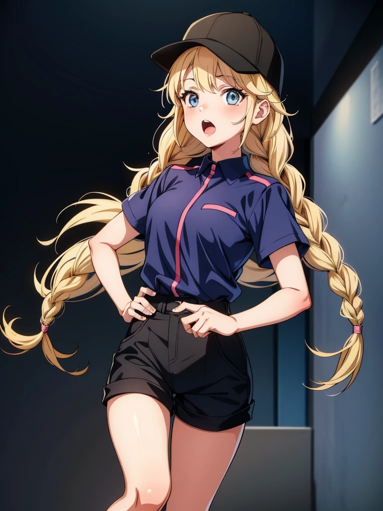 an illustration of a cartoon female in a uniform posing in an art museum, 1girl, blonde hair, solo, blue eyes, shorts, hat, twin braids, braid, black shorts, open mouth, looking at viewer, shirt tucked in, baseball cap, blush, white background, shirt