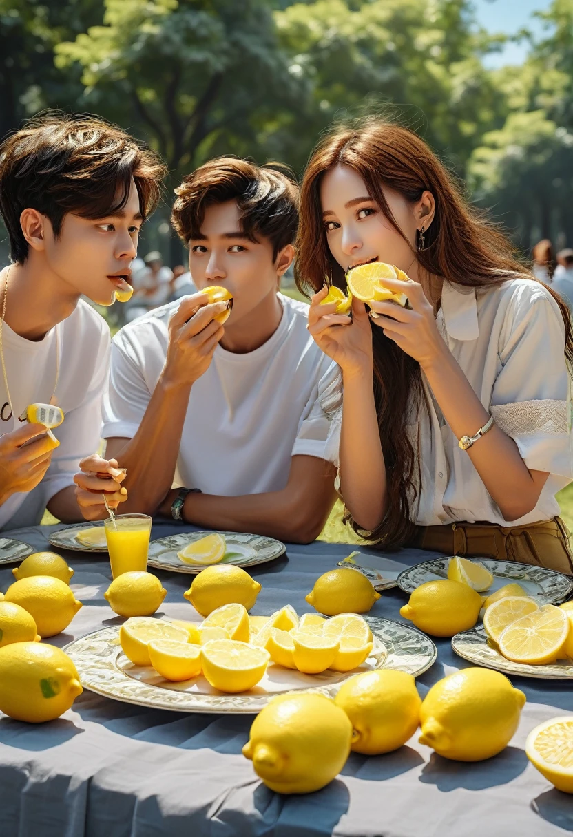 friends Eating Lemon competition, camp on the park, (masterpiece, best quality, Professional, perfect composition, very aesthetic, absurdres, ultra-detailed, intricate details:1.3)