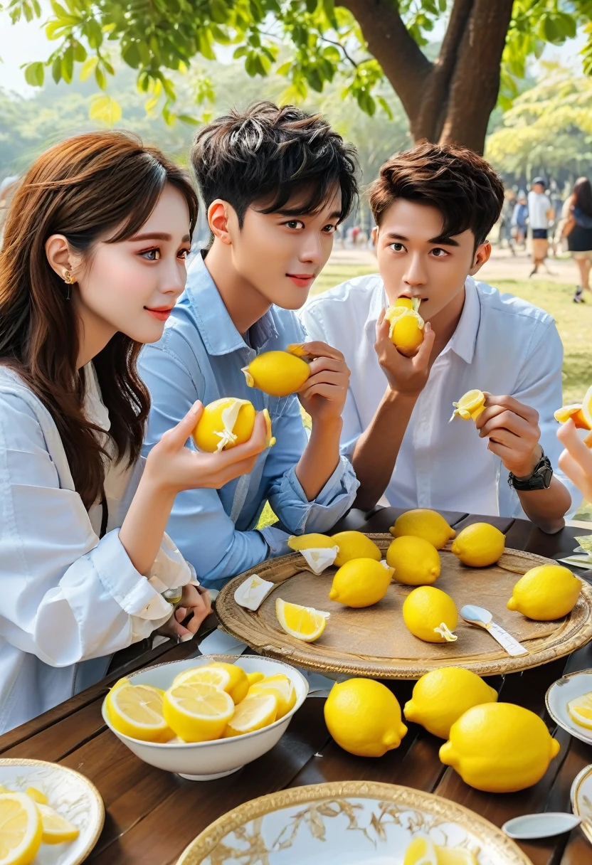 friends Eating Lemon competition, camp on the park, (masterpiece, best quality, Professional, perfect composition, very aesthetic, absurdres, ultra-detailed, intricate details:1.3)