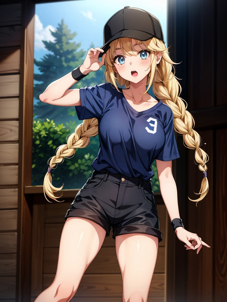 a cute girl with long hair and shorts posing with her baseball glove, 1girl, solo, blonde hair, blue eyes, braid, hat, long hair, black shorts, shorts, open mouth, baseball cap, breasts, black headwear, short sleeves, blue shirt, looking at viewer, wristband, shirt, holding, blush, collarbone, thighs