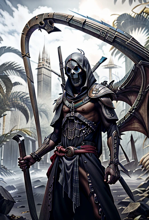 a grim reaper with a scythe, facing the viewer, surrounded by a protective dragon, high contrast, Luis Royo style, detailed, 8k, 4k, high quality, masterpiece:1.2