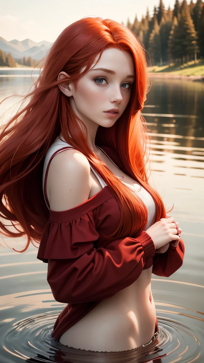 redhead haired woman with long red hair standing in front of a lake, red haired goddess, beautiful redhead woman, redhead woman, woman with red hair, flowing red hair, red hair girl, red haired girl, long flowing red hair, red haired young woman, flowing ginger hair, redhead girl, a redheaded young woman, ethereal beauty, red hair and attractive features
