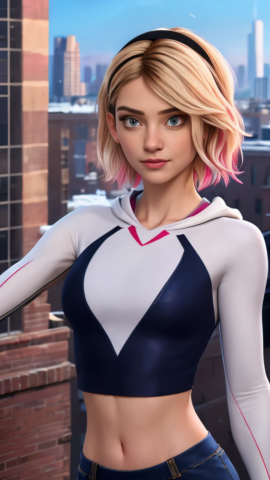 (Highly quality, masterpiece, detailed), city detailed scenario, city detailed background, solo, Gwen, blonde hair, multicolored hair, short hair, hairband, crop top, web-print, hood down, gloves, navel, on top of a building, perfect face, beautiful eyes, look at the viewer, Sexy pose