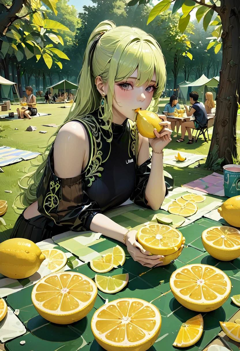 friends Eating Lemon competition, camp, park, (masterpiece, best quality, Professional, perfect composition, very aesthetic, absurdres, ultra-detailed, intricate details:1.3)