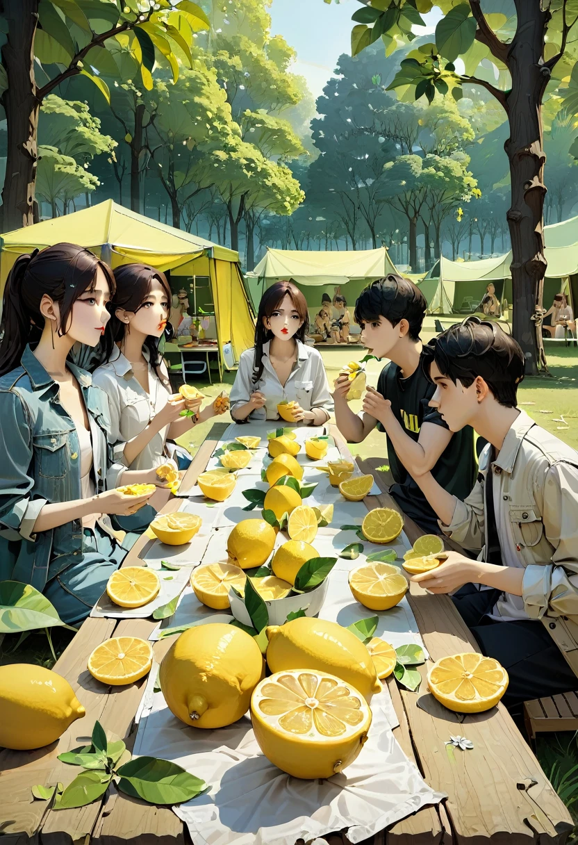 friends Eating Lemon competition, camp, park, (masterpiece, best quality, Professional, perfect composition, very aesthetic, absurdres, ultra-detailed, intricate details:1.3)