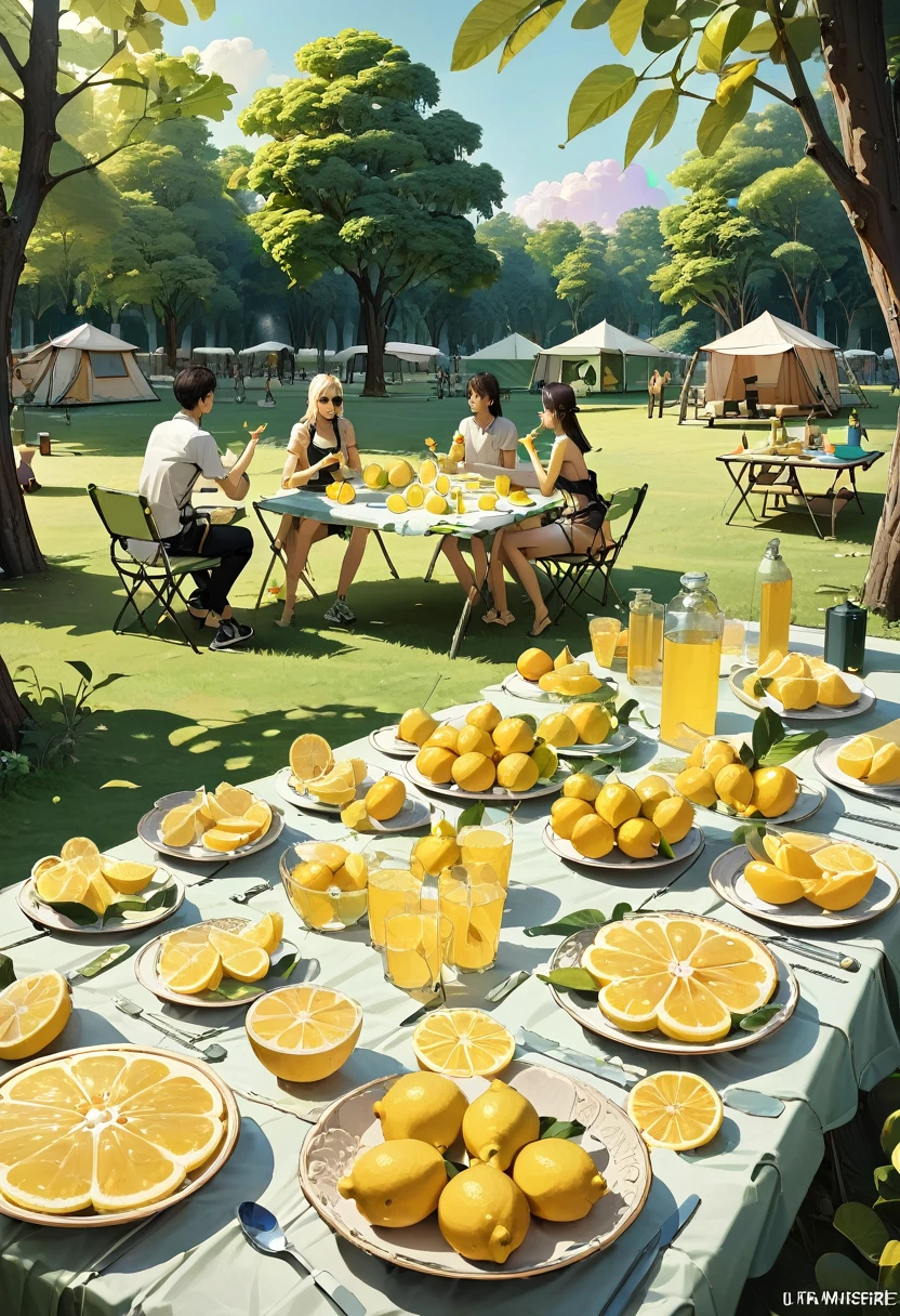 friends Eating Lemon competition, camp, park, (masterpiece, best quality, Professional, perfect composition, very aesthetic, absurdres, ultra-detailed, intricate details:1.3)